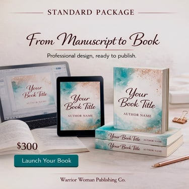 Professional book design service package featuring print books, an ebook on a tablet, and a laptop mockup.