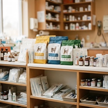 Bright clean photography of an organized veterinary shelf with sealed cat food packages and medical supplies, soft natural window light, warm clinical tones, shallow depth of field, 35mm