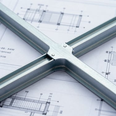 Close-up of a highly detailed structural engineering drawing, showing steel beam connections, calculations, and timber joist layout, clean blueprint aesthetic, high contrast.