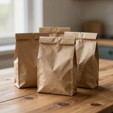 Tres empaques pequeños de papel kraft rústico alineados sobre una mesa de madera, luz suave, estilo editorial de comida.