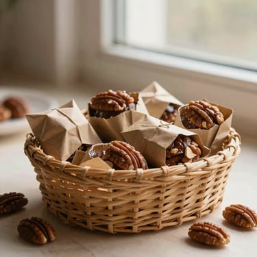 Cesta pequeña de mimbre con varios dulces envueltos individualmente en papel kraft, nueces pecanas alrededor, luz cálida de mañana.