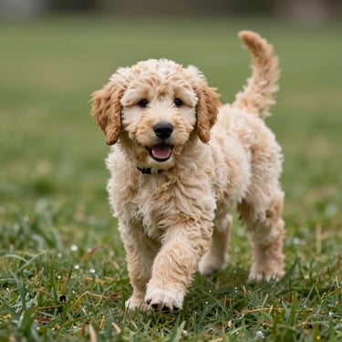 A happy Goldendoodle puppy playing gently on a clean lawn, soft overcast lighting, natural and joyful expression.
