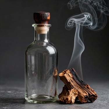 A heavy glass bottle with a dark charred-wood stopper, placed next to a burning piece of agarwood, soft rising smoke, moody chiaroscuro.
