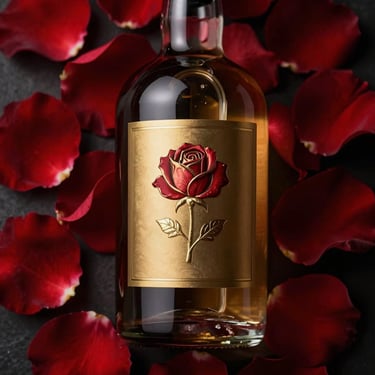 A heavy glass bottle with a rose-embossed gold label, surrounded by deep red damask rose petals, low-key dramatic lighting.