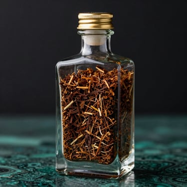 A heavy square glass bottle filled with dark, fine-cut tobacco, sealed with a gold cap, set against a dark malachite background.