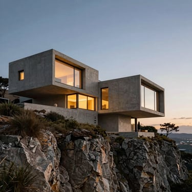 Wide-angle dramatic shot of an ultra-modern concrete villa integrated into a cliffside at twilight, golden light spilling from windows.