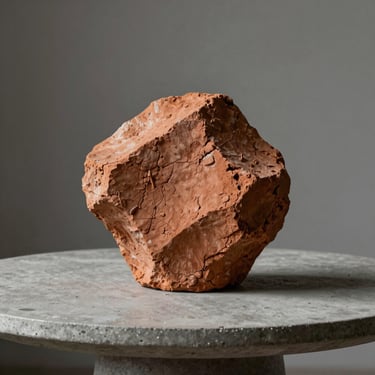 A raw terracotta centerpiece sculpture sitting on a minimalist concrete table, side-lit.