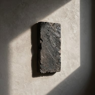 Brutalist wall sculpture made of dark clay, casting a sharp shadow on a raw plaster background.