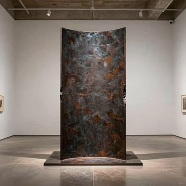 Monumental floor sculpture made of dark textured iron, standing in a high-ceiling gallery space.