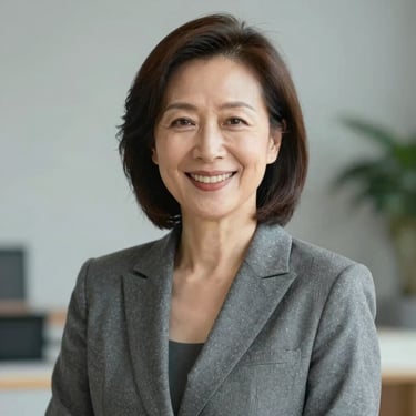 A professional portrait of a woman in her 50s, smiling warmly with professional gravitas. She is wearing a #1A1A1A blazer. The background is softly blurred with a hint of #A2B2AE.