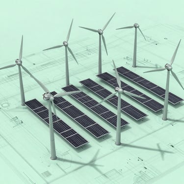 Orthographic top-down architectural wireframe of a hybrid energy grid layout, showing interconnected nodes of wind turbines and solar arrays in technical desaturated mint and slate grey lines, blueprint style.