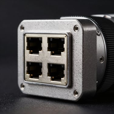 Macro studio photograph of the rear ports of the B1 Node, dual ethernet and USB-C power input, sharp focus on industrial metal chassis, stark dramatic lighting.