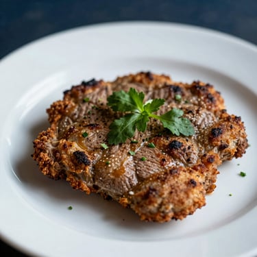 Close-up of a golden Milanesa de Lomo on a clean white plate, fresh green herbs garnish, soft side light, shallow depth of field