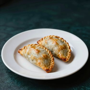 Two golden-brown Argentine empanadas on an immaculate white plate, pristine clean presentation, dramatic side lighting