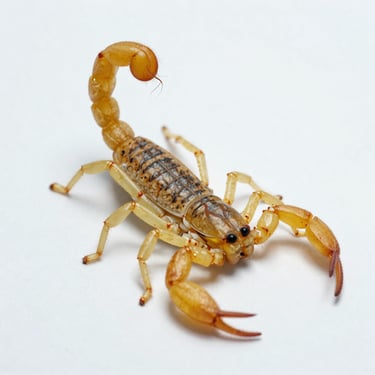 Macro scientific photography of a yellow scorpion on a sterile white background, bright clinical daylight, sharp focus on the stinger.