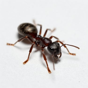 Macro close-up of leafcutter ants on a sterile white surface, sharp focus, clinical natural daylight.