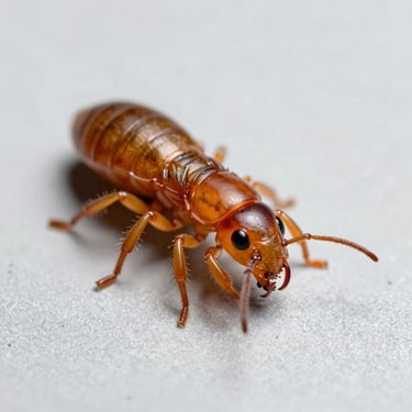 Macro close-up of a subterranean termite on a sterile light grey background, clinical daylight, sharp focus on the mandibles.
