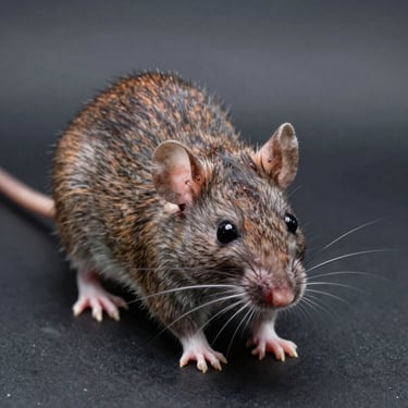 Macro scientific photography of a brown rat on a sterile dark background, clinical lighting, clear anatomical details.