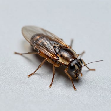 Macro scientific shot of a flea on a sterile light grey background, extreme close-up, clinical daylight.