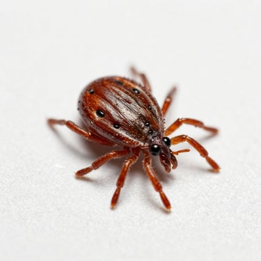 Macro close-up of a dog tick on a sterile white background, high-resolution scientific framing, bright daylight.