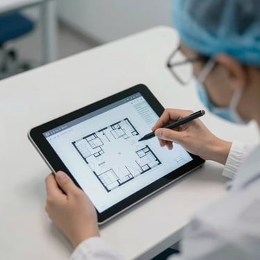 Clinical overhead shot of a sanitization professional mapping a room layout on a digital tablet, sterile modern setting.