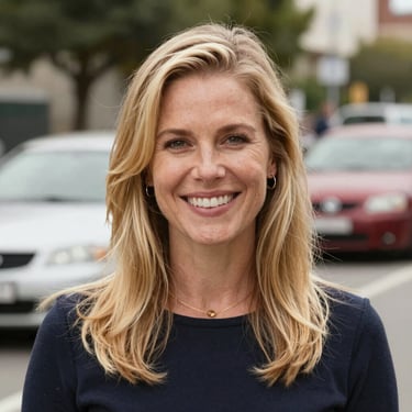 A smiling woman holding a reusable ply tote bag outdoors surrounded by greenery.