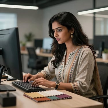 A professional South Asian / Indian woman in creative attire, working in a modern office with textile swatches and a high-tech computer monitor, focused and elegant.