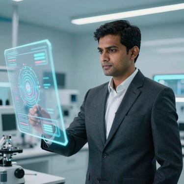 A professional South Asian / Indian man in a sharp suit, standing in a contemporary high-tech laboratory environment with holographic interfaces and elegant teal lighting.