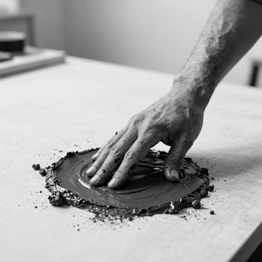 Candid high-contrast black and white photograph of artist's hand covered in dark paint, pressing raw pigment directly onto a massive canvas in a bright, minimalist studio.