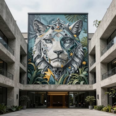 Wide environmental shot of a monumental mural integrated into a luxury residential lobby with high concrete walls and overcast daylight.