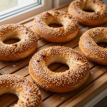 Close-up of golden-brown Turkish simit bread rings covered in toasted sesame seeds on a wooden cooling rack, warm editorial light.