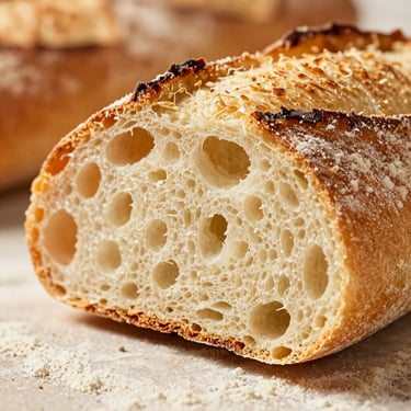 Macro shot of a crusty French baguette cut in half, showing beautiful airy crumb structure, flour-dusted crust, warm bakery light.