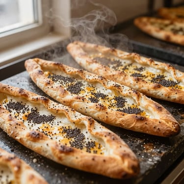Steaming hot Turkish pide bread freshly baked on stone, soft texture with golden crust and nigella seeds, warm bakery background.