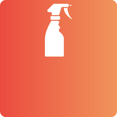 White spray bottle icon for cleaning supplies on an orange and red gradient background.