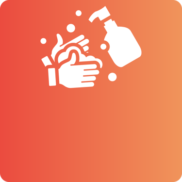 White graphic icon showing hand washing with soap dispenser on an orange gradient background.