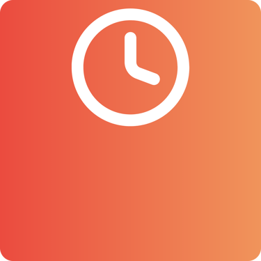 White clock icon representing time management on an orange and red gradient background.
