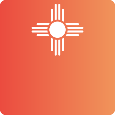 White Zia sun symbol on an orange and red gradient background, representing New Mexico culture.
