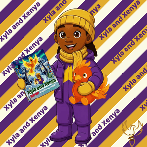 Xyla in her winter coat holding hop on sharing the season. with the purple and yellow wrapping pap