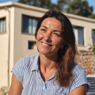 Three modern beach houses with large windows and balconies are situated side by side. A sandy beach lies in the foreground, and a tall palm tree stands behind one of the houses. Bright red umbrellas are visible on the patios, adding a pop of color to the neutral tones of the buildings.