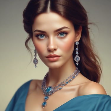 a woman in a blue dress and jewelry