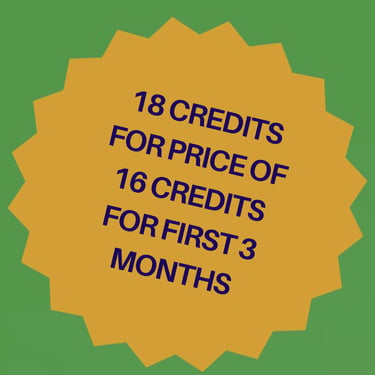 Special offer graphic showing 18 credits for the price of 16 for the first 3 months on a gold starburst.