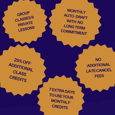 Membership benefits for group classes and private lessons with monthly credits and discounts.