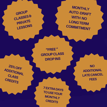 Graphic highlighting group classes, private lessons, and monthly auto-draft membership perks for fitness students.