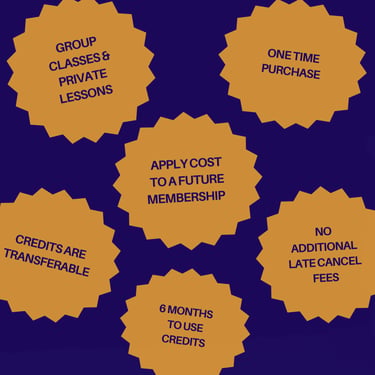 Infographic showing membership benefits for group classes, private lessons, and transferable credits.