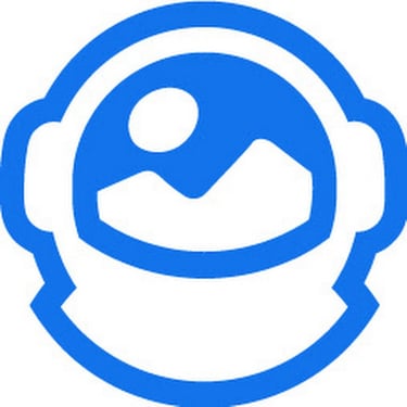 a blue and white logo with a picture of a man in a helmet