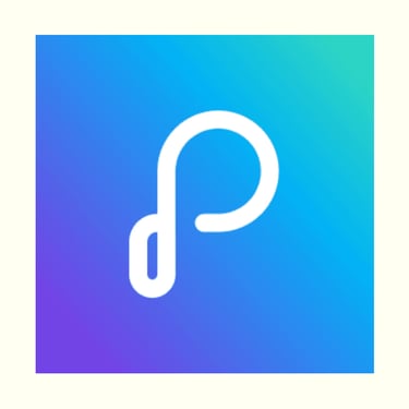 a white and blue logo with a headphone