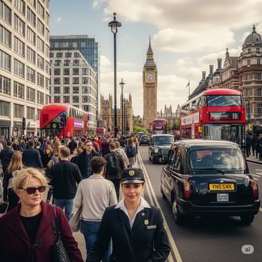 a busy street in UK with a lot of people walking around