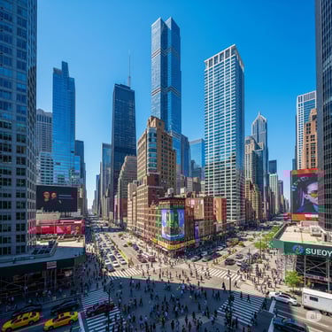 a city street scene with a lot of people walking around in USA