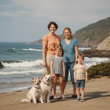 A coastal city scene featuring a lively beach filled with people and colorful umbrellas. In the background, there are numerous buildings including apartments and hotels, with palm trees lining the promenade. The sea is calm, with several people swimming or playing in the water. The image captures a typical day at a busy seaside destination.
