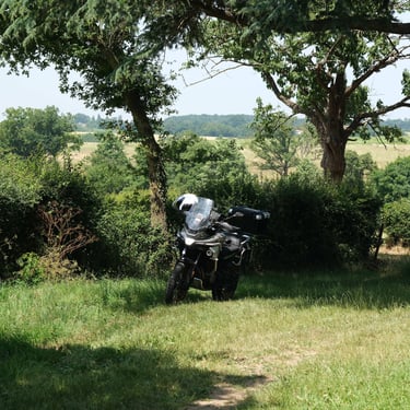 Moto arrétée dans un pré